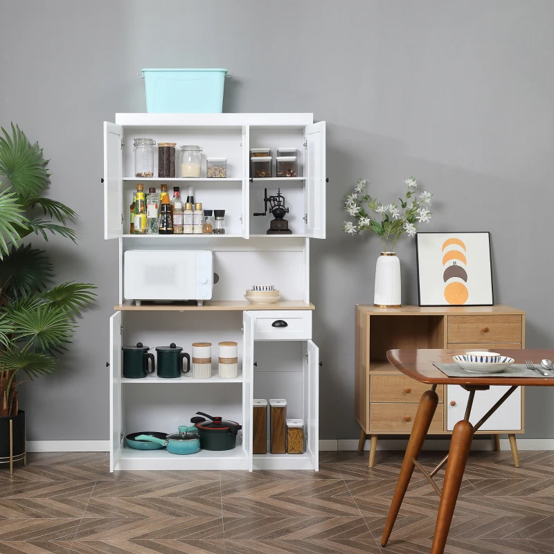 HOMCOM White Kitchen Cabinet 180cm Freestanding Modern Storage with Open Countertop Drawer 6 Doors Kitchen White