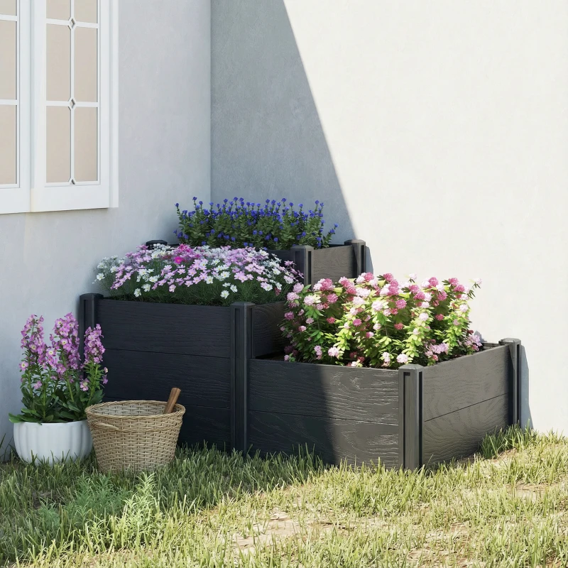 Outsunny Jardinière surélevée, lit de jardin à 3 niveaux avec fond ouvert pour fleurs, légumes, 120 x 80 x 64 cm, effet bois gris