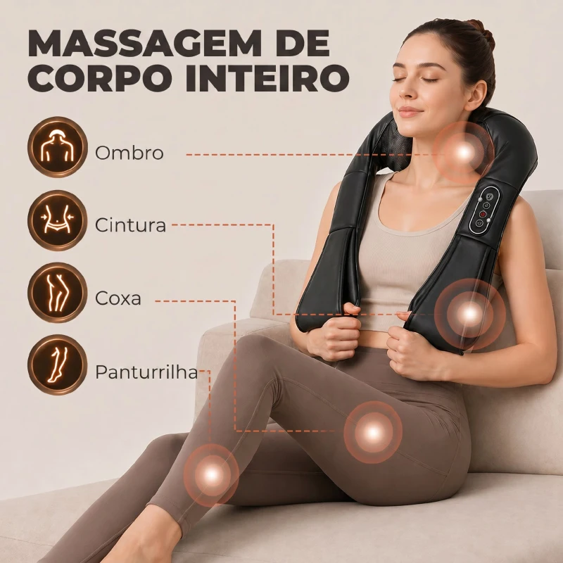 HOMCOM Massageador Cervical e de Costas com Calor e 8 Nós Shiatsu 3 Intensidades de Amassamento 3D Preto