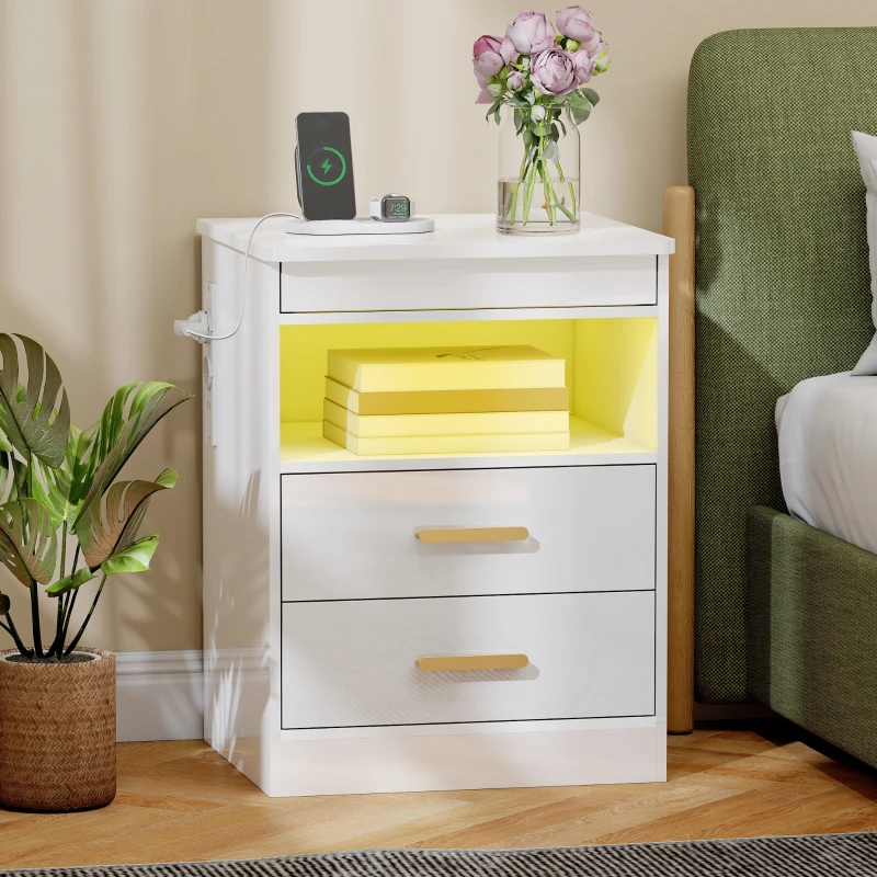 HOMCOM Noptieră modernă, masă laterală cu stație de încărcare și iluminare LED RGB, alb lucios
