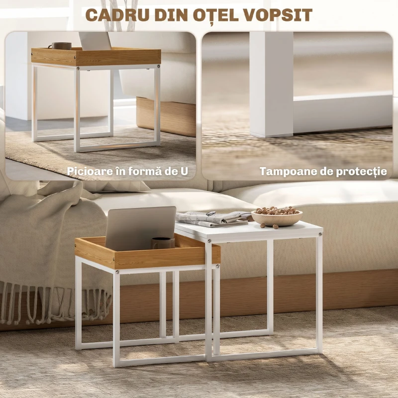 HOMCOM Set de mese de cafea suprapozabile moderne cu tavă, 45x45x45 cm, alb și stejar