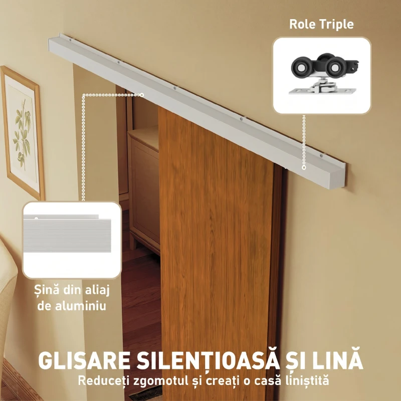 HOMCOM Ușă Culisantă de Interior 75x210 cm, Șină Silențioasă din Aliaj de Aluminiu, Kit Accesorii, Ghidaj, Ușă de Interior Stil Minimalist, din MDF, Impermeabilă, pentru Bucătărie, Baie, Birou