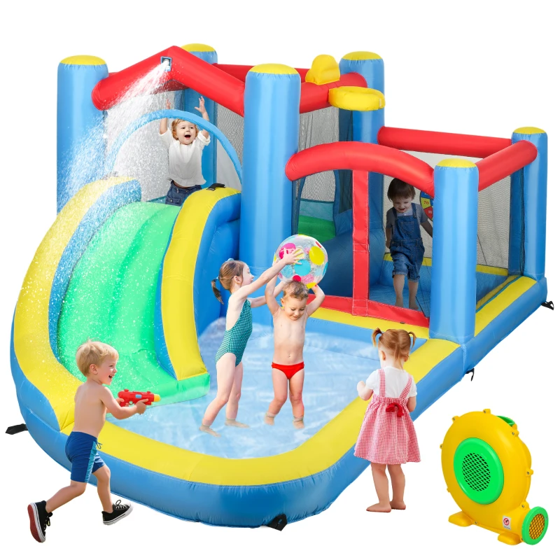 AIYAPLAY Castello Gonfiabile 5 in 1 con Scivolo Piscine e Canestro, Soffiatore e Borsa da Trasporto, 385x290x180 cm, Multicolore