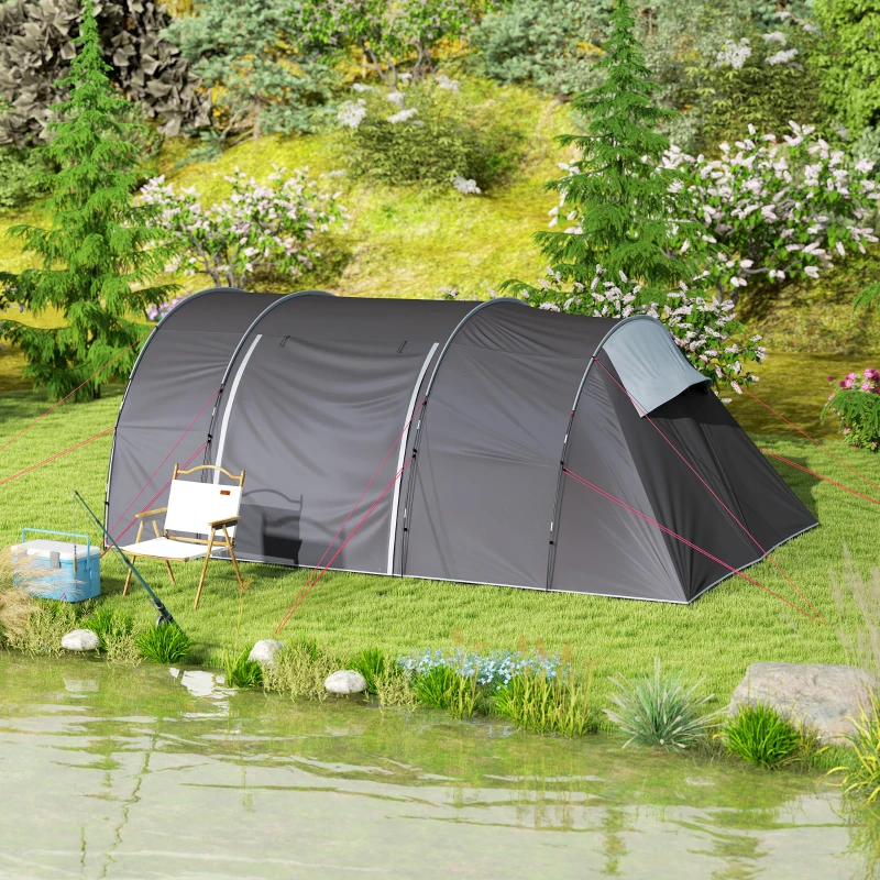 Outsunny Tenda da Campeggio con Portico e Borsa da Trasporto per 4-6 Persone, Leggera Ventilata, Impermeabile 5.000 mm, Montaggio Facile, Grigio