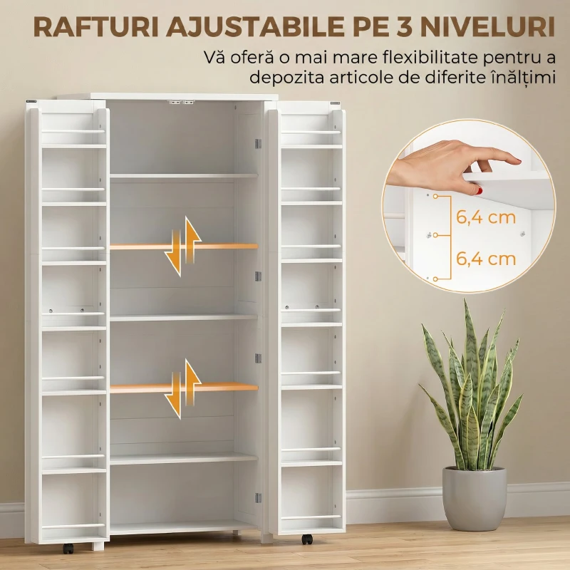 HOMCOM Dulap Modern de Bucătărie: Roți, 2 Uși, 14 Suporturi, Alb.