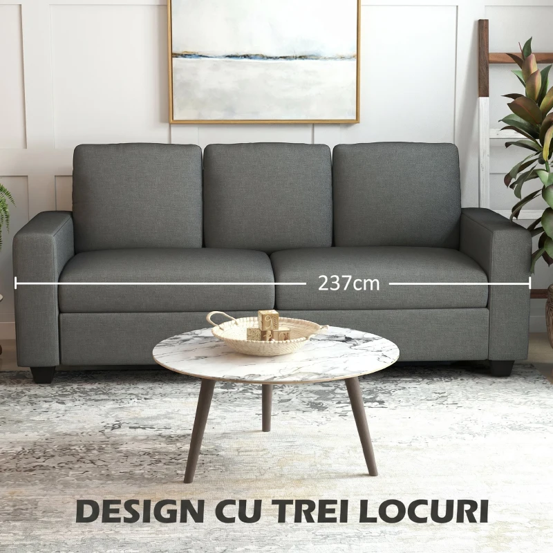 HOMCOM Canapea 3 locuri din material textil cu perne capitonate și tapițerie cu efect de in, 237x94x102cm, gri(m-4)