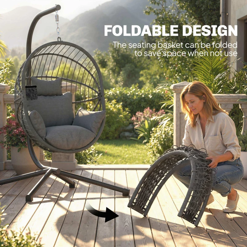 Outsunny Outdoor Hängesessel Hängesessel, inkl. Polster, Egg-Chair, 120 cm x 106 cm x 188 cm,  Grau