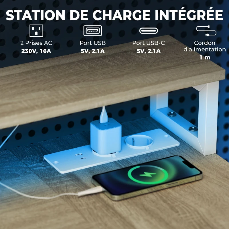 HOMCOM Bureau d'angle avec prises et lumières LED RGB, bureau d'ordinateur, 172 x 100 cm, support d'écran, 2 tiroirs, blanc