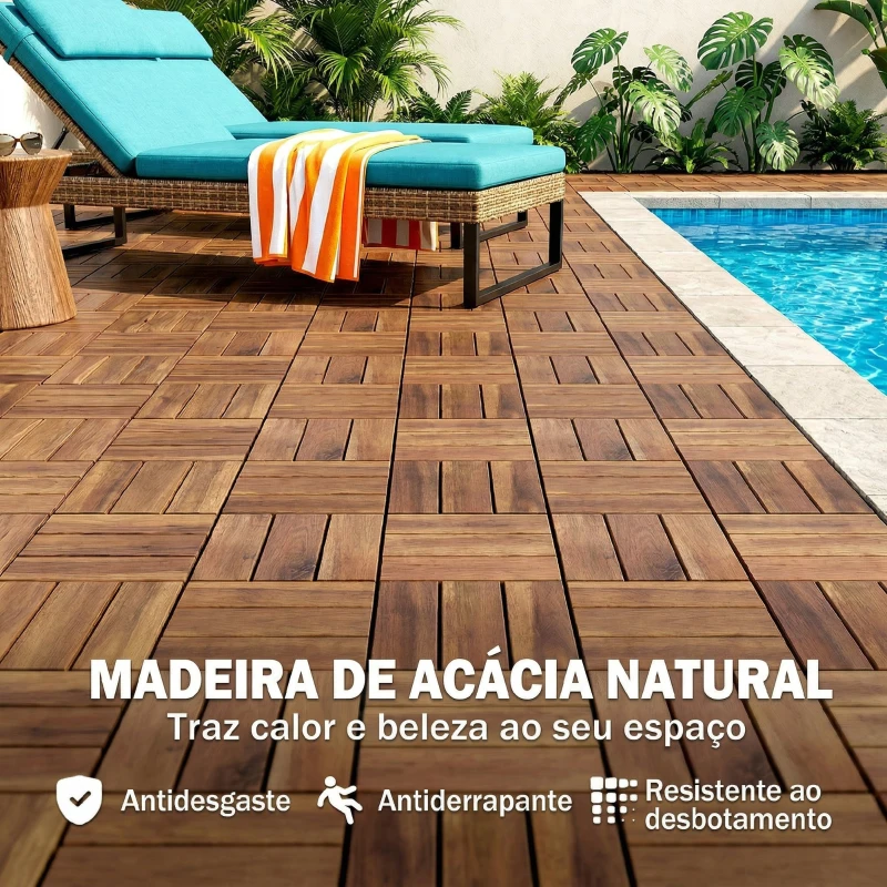 Outsunny Conjunto de 10 Estrados de Madeira de Acácia para Exterior 31x31 cm, 0,91 m² Estrado para Terraço Antiderrapantes Castanho-Escuro