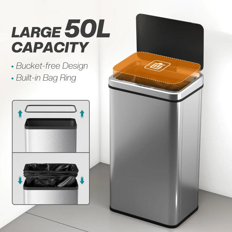 HOMCOM 50L Sensor Bin with Soft-Close Lid, Stainless Steel Automatic Touchless Motion Sensor Kitchen Bin, Silver Tone