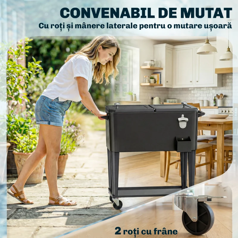 Outsunny Cărucior Frigider 76L cu raft, Deschizător de sticle și Colector de capace, din Plastic și Oțel, 91x39x84.5 cm, Negru