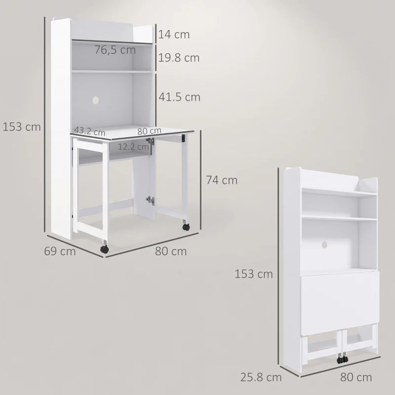 HOMCOM Birou Pliabil cu Bibliotecă cu 4 Rafturi, 2 Roți și Orificiu pentru Cabluri, 80x69x155 cm, Alb