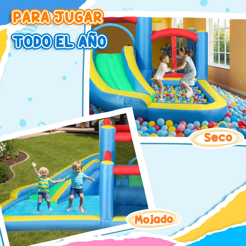 AIYAPLAY Castello Gonfiabile 5 in 1 con Scivolo Piscine e Canestro, Soffiatore e Borsa da Trasporto, 385x290x180 cm, Multicolore