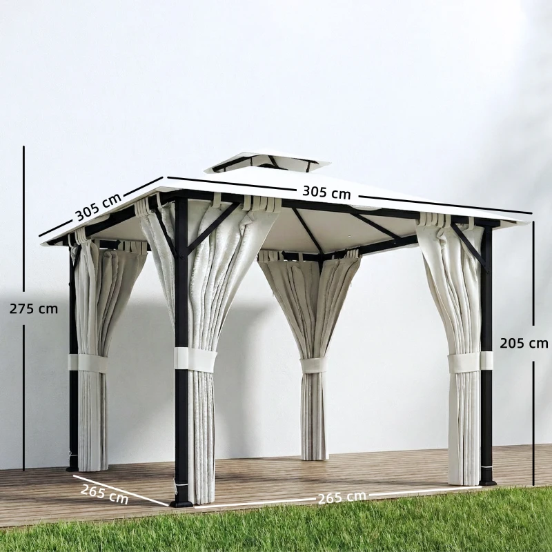 Outsunny Tonnelle de jardin extérieur 3x3m pavillon de jardin, toit double, rideaux, crochets de plafond, cadre en métal, crème