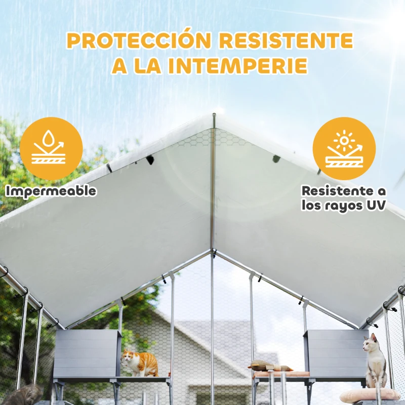 PawHut Jaula Grande para Gatos Exterior con 2 Casitas 7 Plataformas para Saltar Cubierta Impermeable y Anti-UV 240x193x195 cm