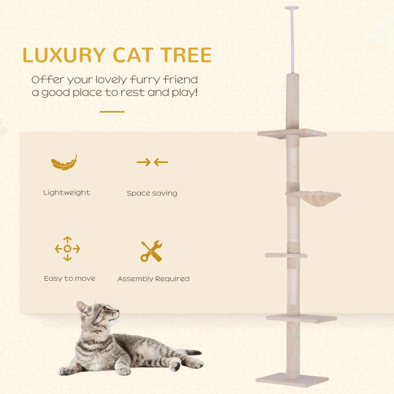 PawHut Floor to Ceiling Cat Tree 230-260cm Height Adjustable, 5-Tier Cat Tower with Scratching Posts, Hammock, Perches, Climbing Activity Centre for Indoor Kittens Playing and Relaxing, Beige