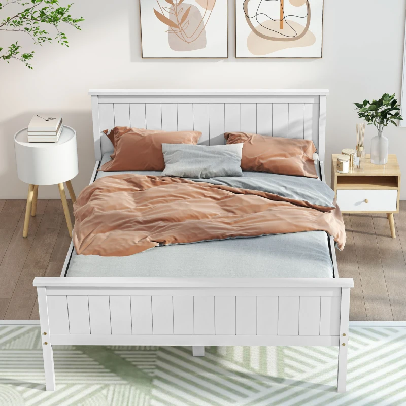 HOMCOM Cadre de lit 140 x 200 cm, lit simple en bois massif avec sommier à lattes tête et pied inclus, assemblage facile, blanc