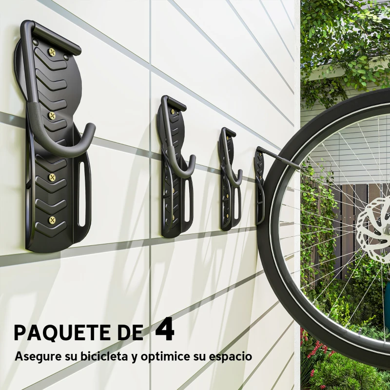 SPORTNOW Soportes de Pared para Bicicletas de 4 Piezas Plegables hasta 30 kg con Tornillos para Casa Garaje y Sótano Negro