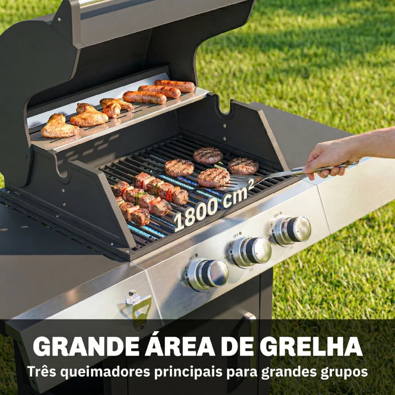 Outsunny Barbecue a Gás com 3 Queimadores 8,1 kW Termómetro Grelhas Mesas Laterais Armário e Rodas 109x50x109 cm Preto