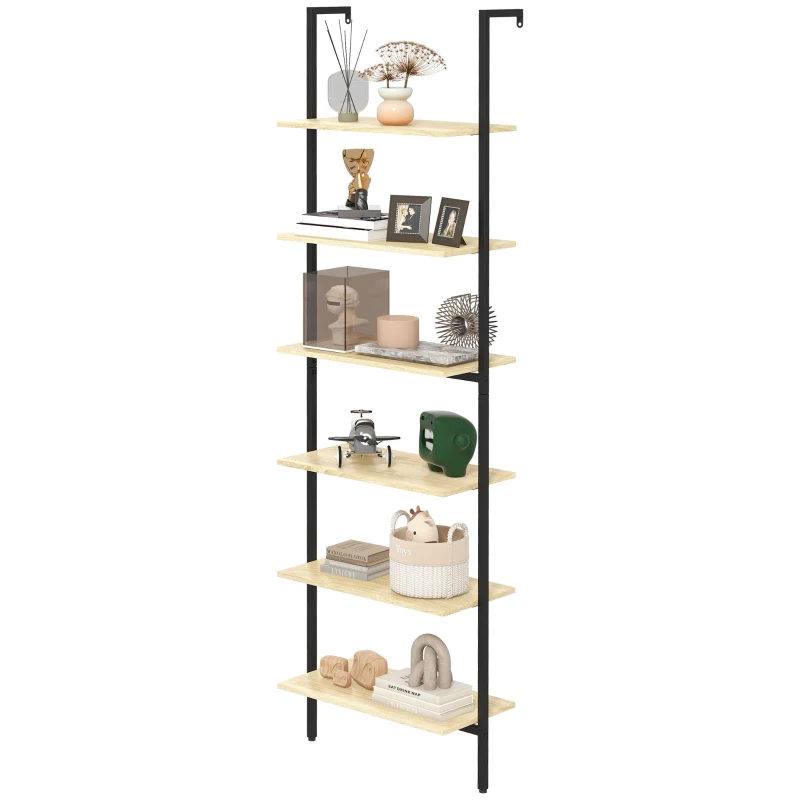 HOMCOM Scaffale Libreria Industriale da parete con 6 ripiani in Acciaio, 60x30x206 cm, Legno Naturale