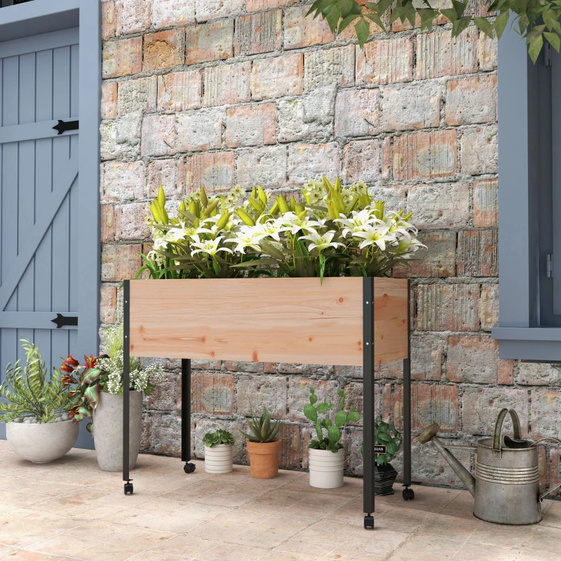 Outsunny Jardinière surélevée sur pieds avec 4 roulette, inserts d'irrigation + Feutre de Drainage Inclus Bois Sapin et métal
