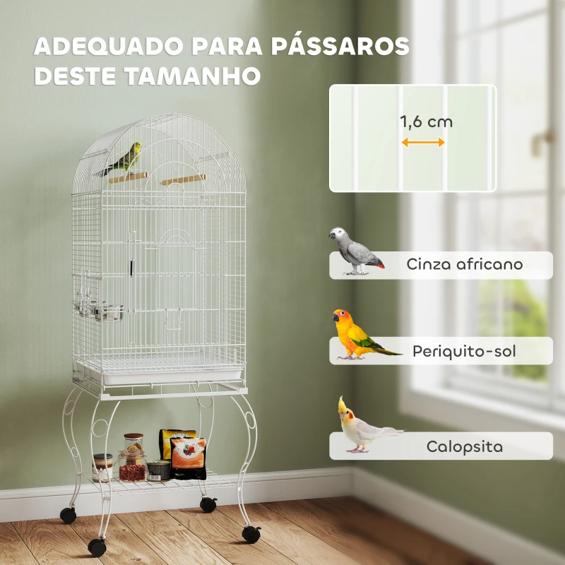 PawHut Gaiola para Pássaros com Rodas e Estante 51x51x153 cm com Parte Superior Rebatível Comedouros e Bandeja Removível Branco