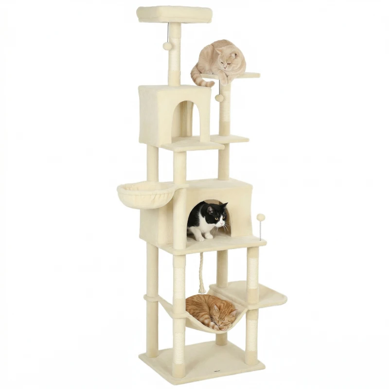 PawHut 202cm Cat Tree with 6 Scratching Posts, 2 Hammocks, 2 Condos, 2 Perches, Pompoms, for Cats to Rest and Play, Beige