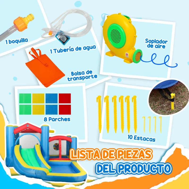 AIYAPLAY Castello Gonfiabile 5 in 1 con Scivolo Piscine e Canestro, Soffiatore e Borsa da Trasporto, 385x290x180 cm, Multicolore