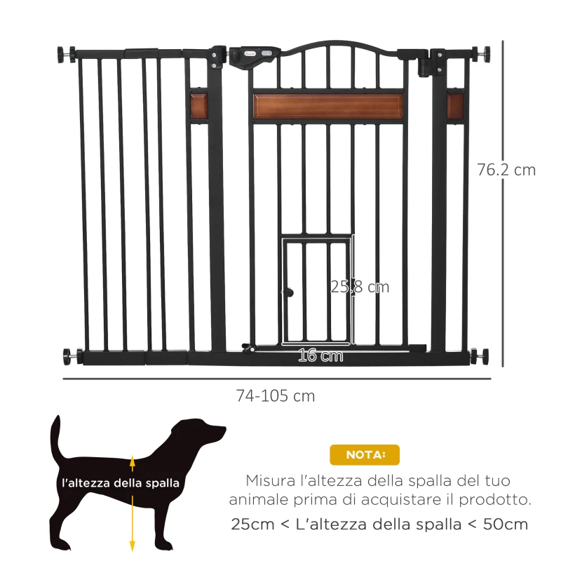 PawHut Cancelletto per Cani di Taglia Media e Piccola con Chiusura Automatica, 74-105x76.2 cm, Nero