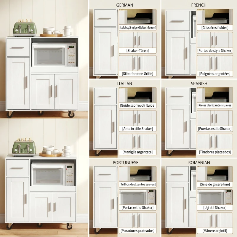 HOMCOM Dulap pentru Cuptorul cu Microunde din Lemn cu Sertar, 2 Dulapuri, Raft Deschis și Raft Reglabil, 80x40x88.7 cm, Alb