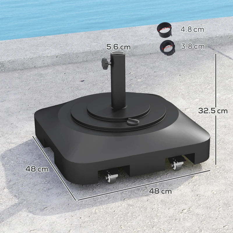 Outsunny Base per Ombrellone a Rotelle e Riempibile con Acqua o Sabbia, in HDPE, 48x48x32.5 cm, Nero