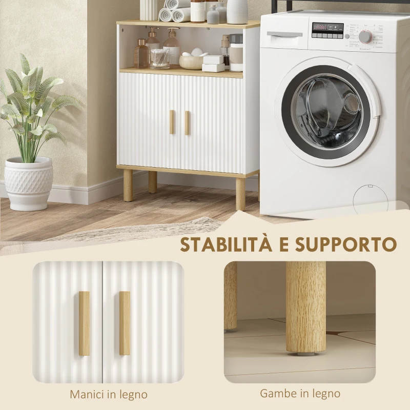 HOMCOM Mobile Bagno Autoportante con Ripiano Regolabile, Bianco e Legno Naturale