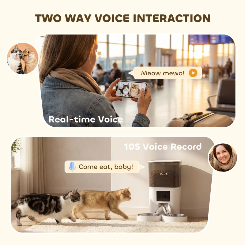 PawHut Distribuitor Automat Hrană Pisici 6L WiFi 2.4G, Control prin Aplicație cu Timer, 1-10 Mese pe Zi, Înregistrare 10s, 2 Boluri din Oțel Inoxidabil