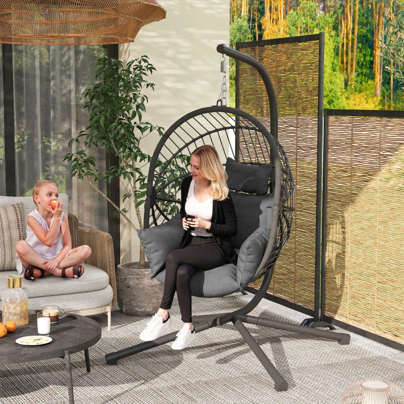 Outsunny Outdoor Hängesessel Hängesessel, inkl. Polster, Egg-Chair, 120 cm x 106 cm x 188 cm,  Grau