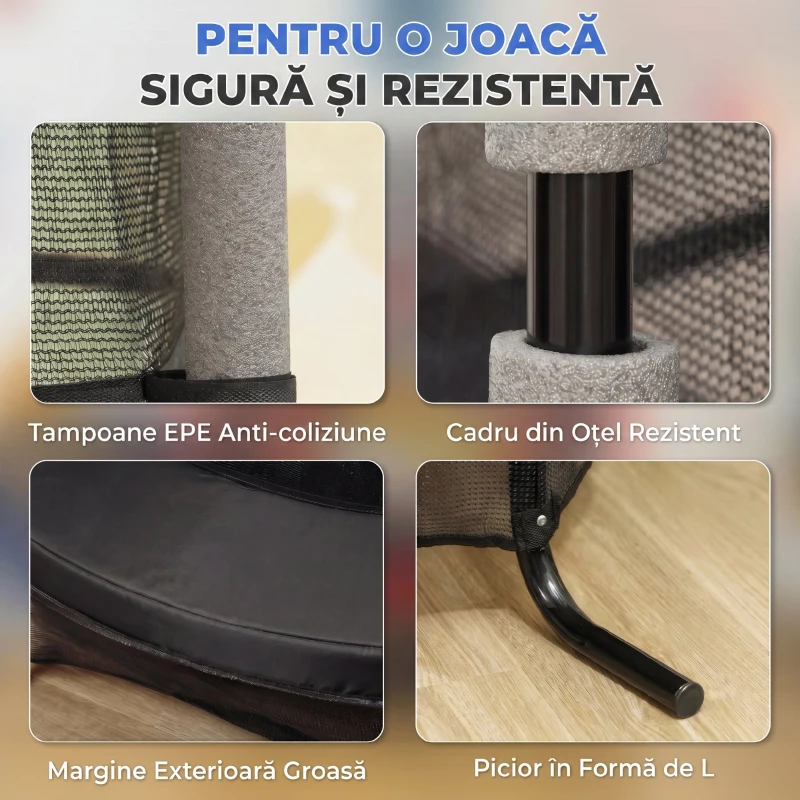 HOMCOM Trambulin Elastic pentru Copii Ø1.6x1.9 m cu Plasă de Siguranță și Stâlpi Căptușiți, Vârsta 3-10 Ani, Negru