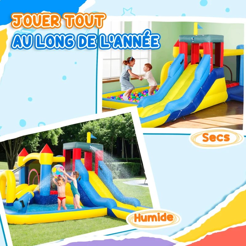 AIYAPLAY Castello Gonfiabile con Soffiatore e Acquatico Scivoliscivoli, Trampolino e Parete da arrampicata, Canestro da basket, 620x320x220 cm, Multicolore