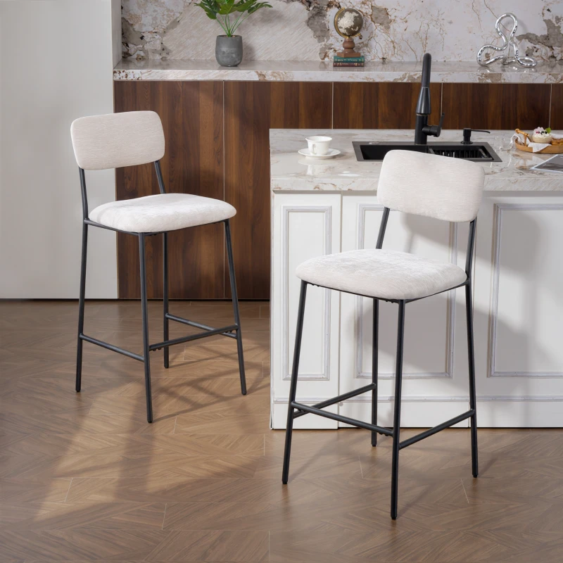 HOMCOM, Set 2 Scaune de Bar cu Spătar Înalt, Suport pentru Picioare, Chenille, oțel, 45.5 x 48 x 101cm, Crem