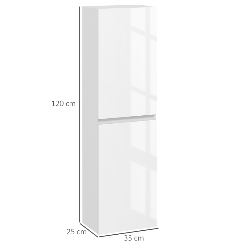 kleankin Mobile Bagno Alto a Colonna con Ante, 2 Armadietti, Mobiletto Bagno Salvaspazio con Ripiani Regolabili, Bianco Lucido