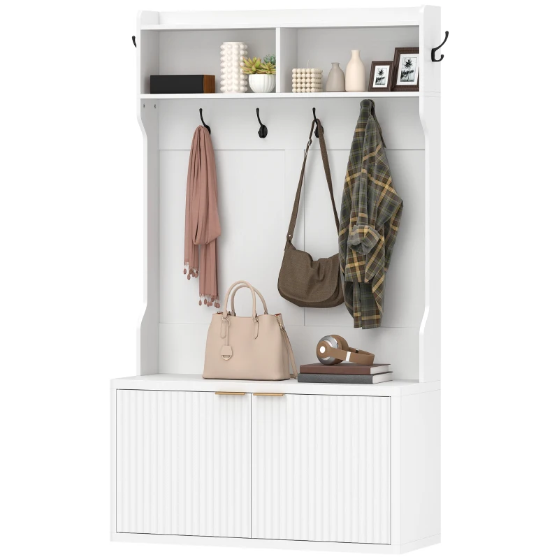 HOMCOM Móvel Cabide de Entrada com Sapateira Prateleiras Abertas e 6 Ganchos Estilo Moderno 100x38x172 cm Branco