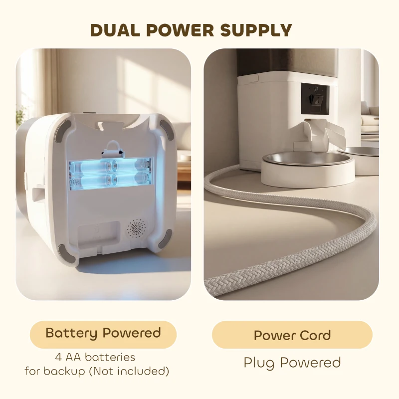 PawHut Distribuitor Automat Hrană Pisici 6L WiFi 2.4G, Control prin Aplicație cu Timer, 1-10 Mese pe Zi, Înregistrare 10s, 2 Boluri din Oțel Inoxidabil