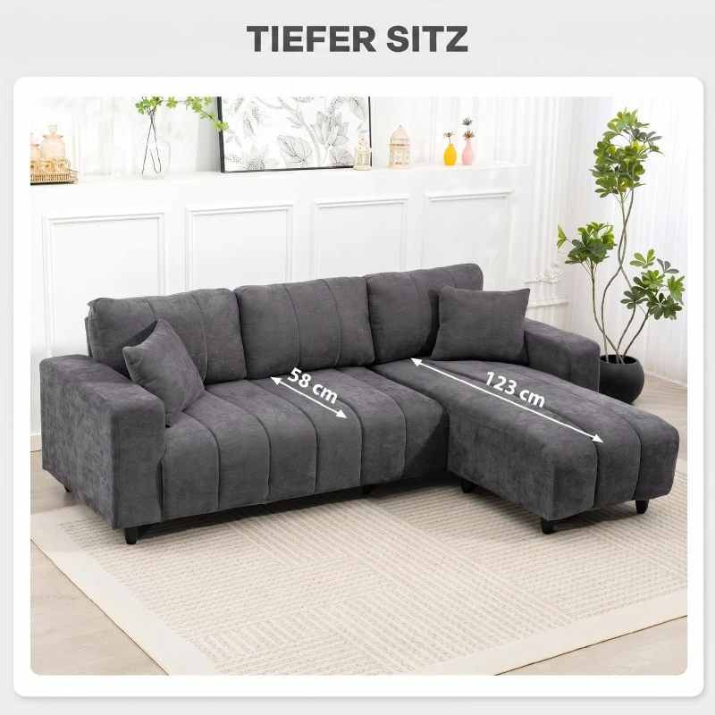 HOMCOM Sofá Chaise Longue Reversível 3 Lugares com 2 Almofadas Estofado em Linho e Estrutura em Aço 242x156x87 cm Cinzento Escuro