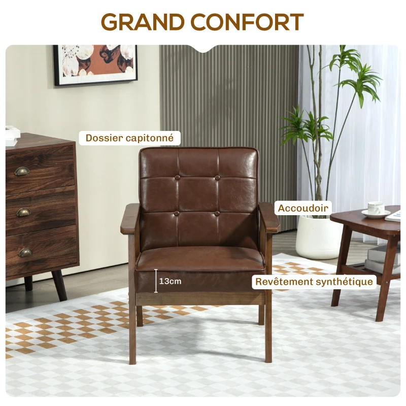 HOMCOM Fauteuil de salon, fauteuil de chambre en cuir synthétique, dossier capitonné, pieds en bois massif, 64x73x81cm, marron