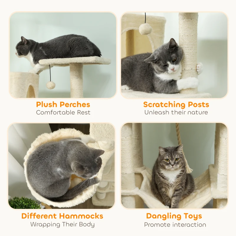 PawHut 202cm Cat Tree with 6 Scratching Posts, 2 Hammocks, 2 Condos, 2 Perches, Pompoms, for Cats to Rest and Play, Beige