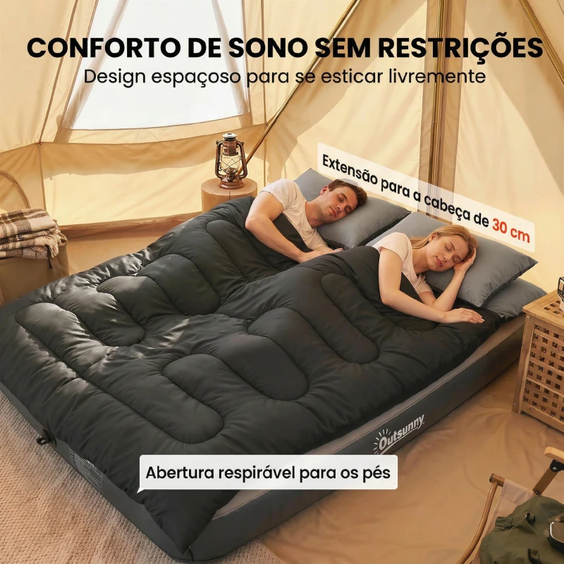 Outsunny Saco-Cama Duplo para Adultos Tamanho Queen para 2 Pessoas com 2 Almofadas e Bolsa de Transporte Preto