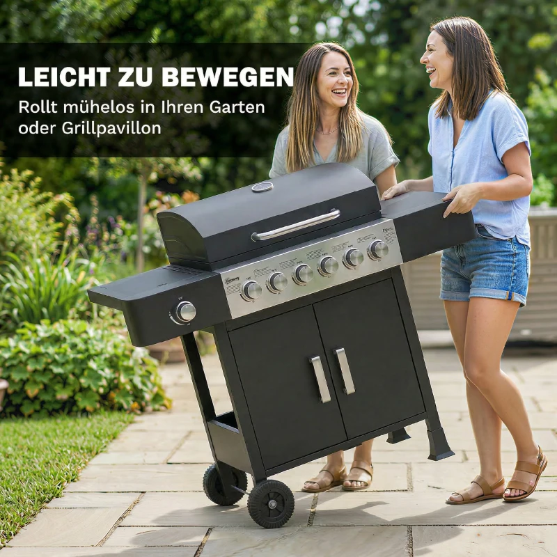 Outsunny Barbecue a Gas 17,8 KW, 6+1 Bruciatori, Carrello BBQ in Acciaio Inox con Ruote, Bruciatore Laterale, Termometro, Griglia Smaltata