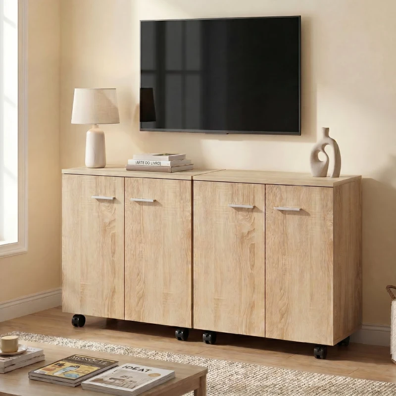 HOMCOM Aparador de Sala com Rodas 2 Portas e Prateleiras para Sala de Estar Quarto Escritório 60x35x65 cm Madeira