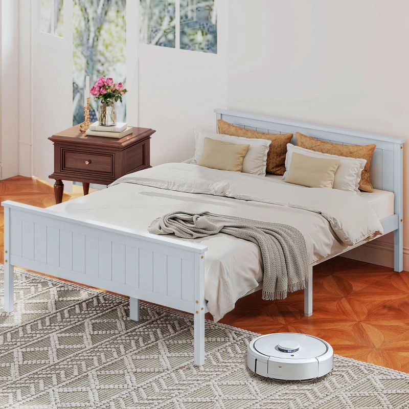 HOMCOM Cadre de lit 140 x 200 cm, lit simple en bois massif avec sommier à lattes tête et pied inclus, assemblage facile, blanc