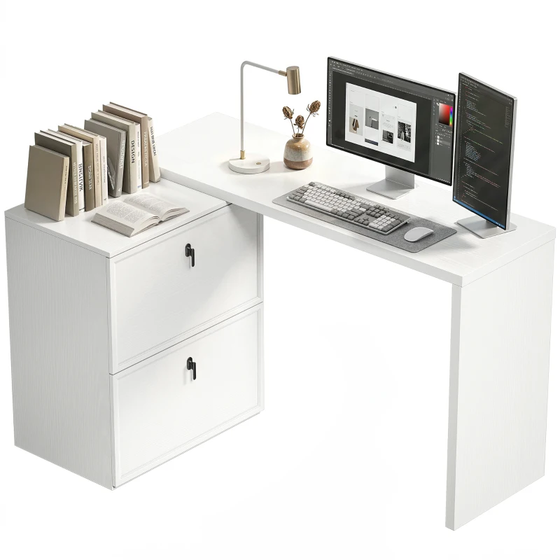 HOMCOM Secretária Reversível em Forma de L com 2 Gavetões Arquivadores, Design Moderno para Espaços Pequenos, Escritório Branco
