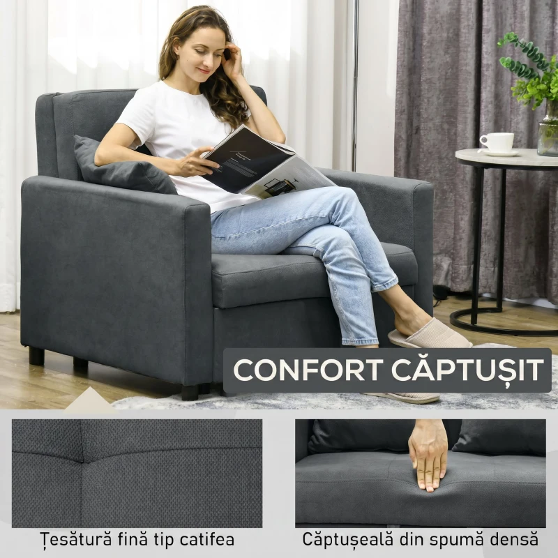 HOMCOM Poltrona Letto in Tessuto Effetto Velluto Grigio con 2 Cuscini e Spazio Contenitore, 100x98x88 cm
