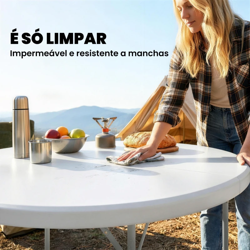 Outsunny Mesa Dobrável Campismo 120x120x74 cm Mesa Dobrável Portátil com Tampo de HDPE Almofadas Antiderrapantes Branco